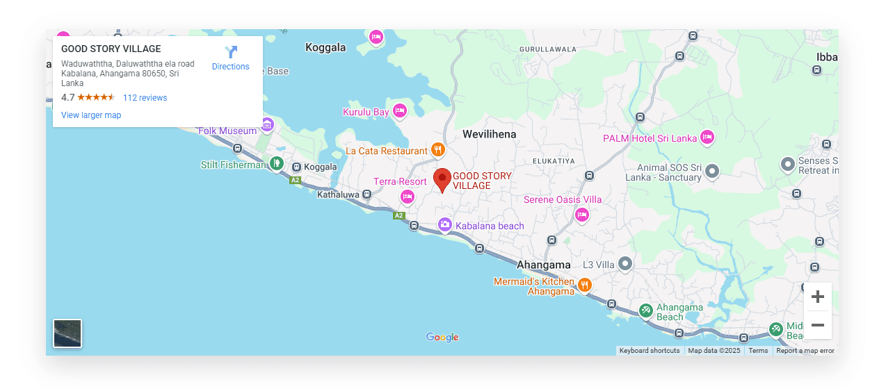 Map of Ahangama on the southern coast of Sri Lanka with the Good Story location marked